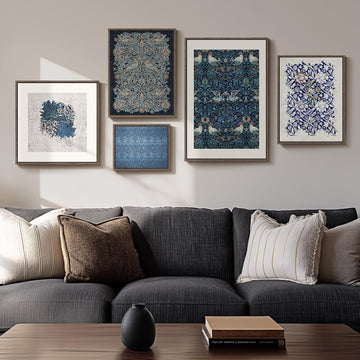 Framed William Morris Wall Art , 5 Piece Large Vintage Blue Canvas Prints Set, Floral Botanical and Bird Pattern