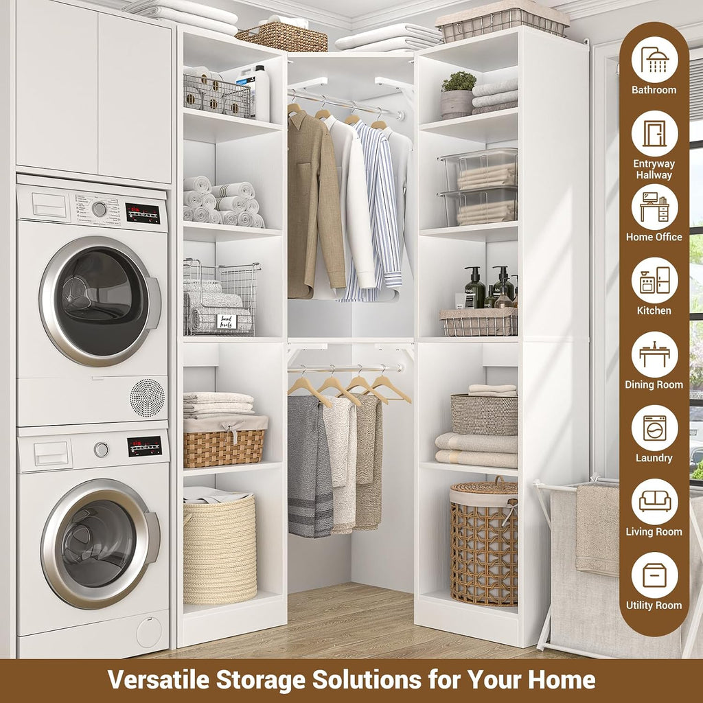 Corner Closet System with 12 Shelves, 39.2" Corner Closet Organizer | Corner Closet Tower with 2 Hanging Rods
