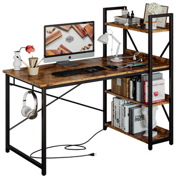 Computer Desk 47" with Power Outlet and Storage Shelves, Rustic Brown
