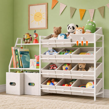 Kids Toy Storage Organizer - Toy Shelf , Kids Room | 12 Removable Fabric Bins, 2 Boxes & 2-Tier Bookshelves