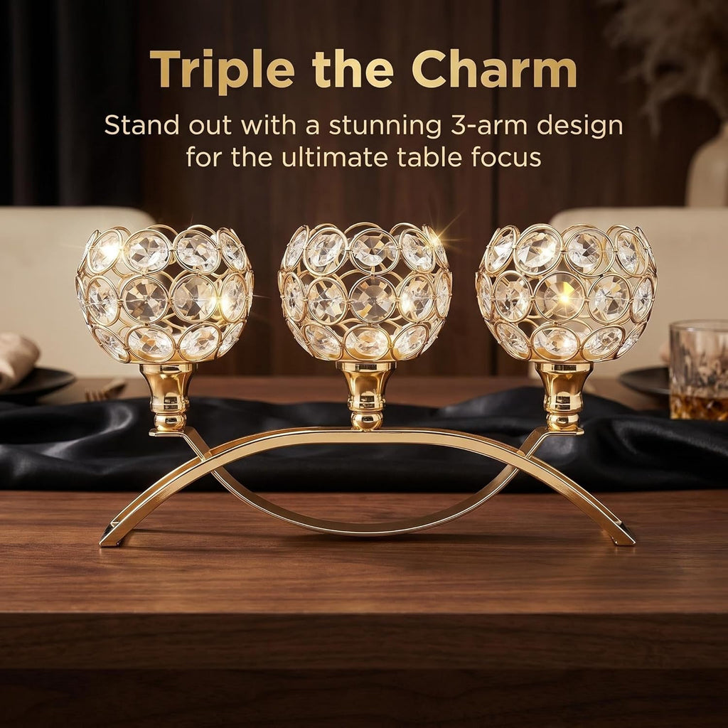 3-Arm Arched Crystal Candelabra, Gold Candle Holder Table Centerpiece, Dining, Party, Thanksgiving & Christmas
