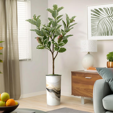 Tree in Flowing Black & White Smoke Abstract Shapes Planter, Fake Rubber Silk Tree for Indoor and Outdoor Home