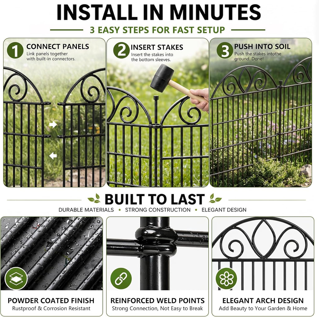 10 Panels No Dig Tall Garden Fence with Gate - 48" H X 26.25' L Rustproof Metal Dog Fence Outdoor for Yard