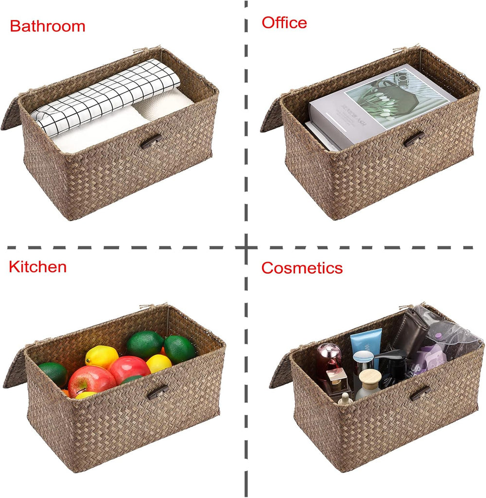 Wicker Shelf Baskets Storage Bin with Lid Handwoven Seagrass Basket | Rectangular Household Basket Boxes for Shelf
