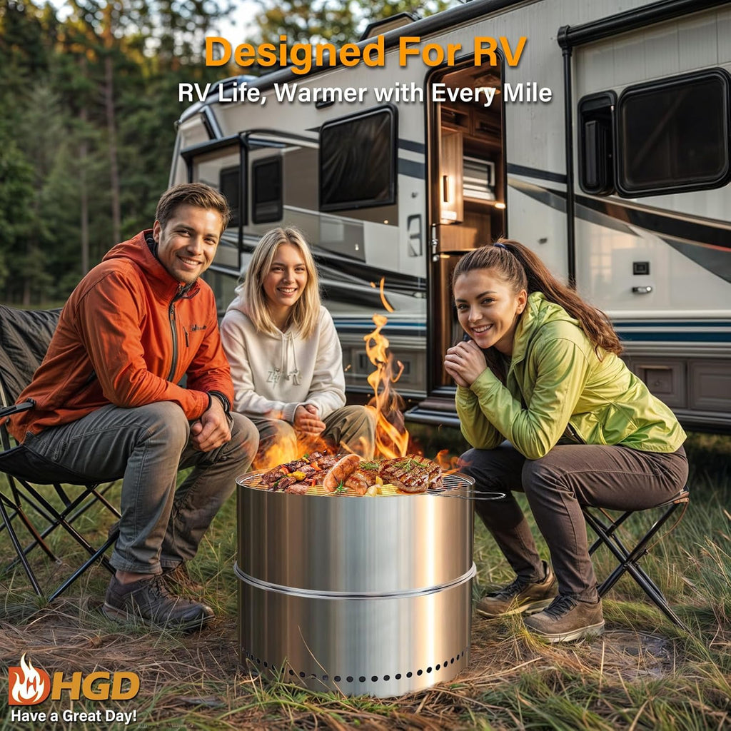 20 Inch Smokeless Firepit with Grill, Portable Wood Burning Fire Pit for Camping & Backyard
