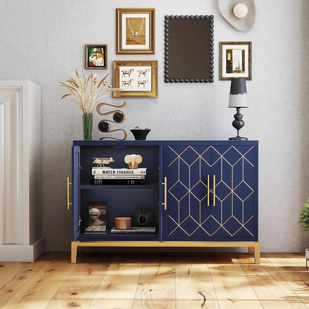 47.8" Storage Accent Cabinet with 4 Doors, Modern Sideboard Buffet Cabinet with Gold Lines