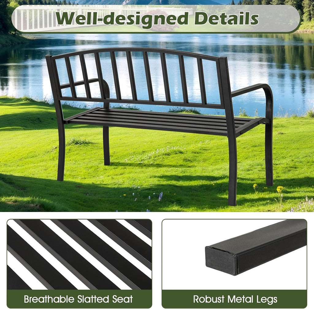 Metal Outdoor Bench, Patio Garden Bench with Backrest, Curved Armrests, Slatted Seat for 2-3 Persons, 660 LBS
