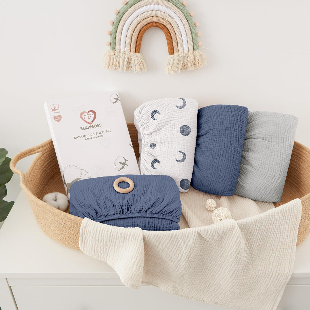 Muslin Mini Crib Sheets for Pack N Play Mattress - 100% Cotton - 38"x26" Soft Breathable Playard Baby Crib Sheets
