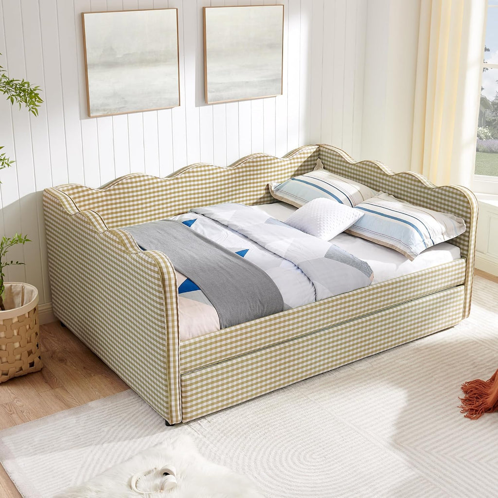 Full Size Gingham Daybed with Trundle and USB Ports | Upholstered Daybed Living Room Guest Room-Brown