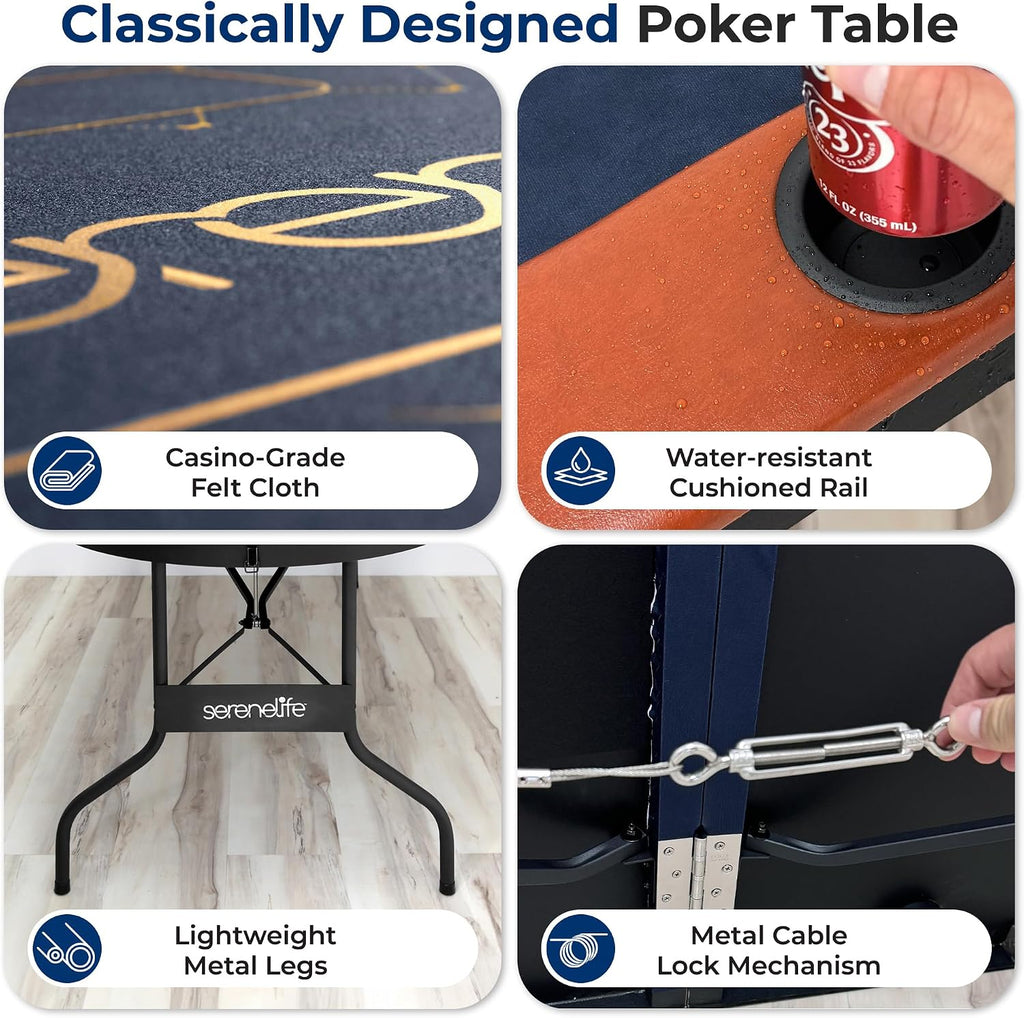 8 Player Foldable Poker Table, 71 inch Portable Casino Table for Texas Holdem w/Cushioned Rail & Cup Holders, Folding