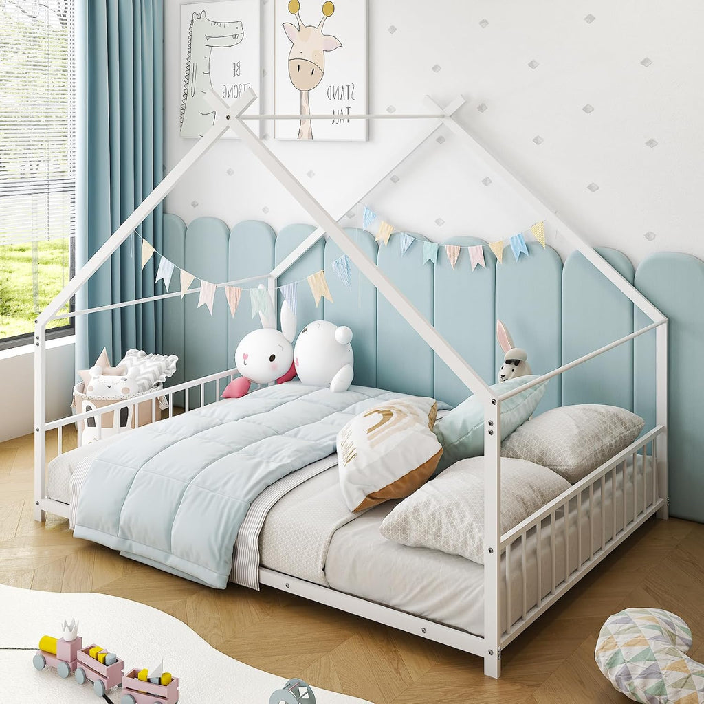 Twin Size Metal Toddler Floor Bed with Slats & Fence, White | Metal Montessori Bed, Roof/House/Canopy Bed Frame for