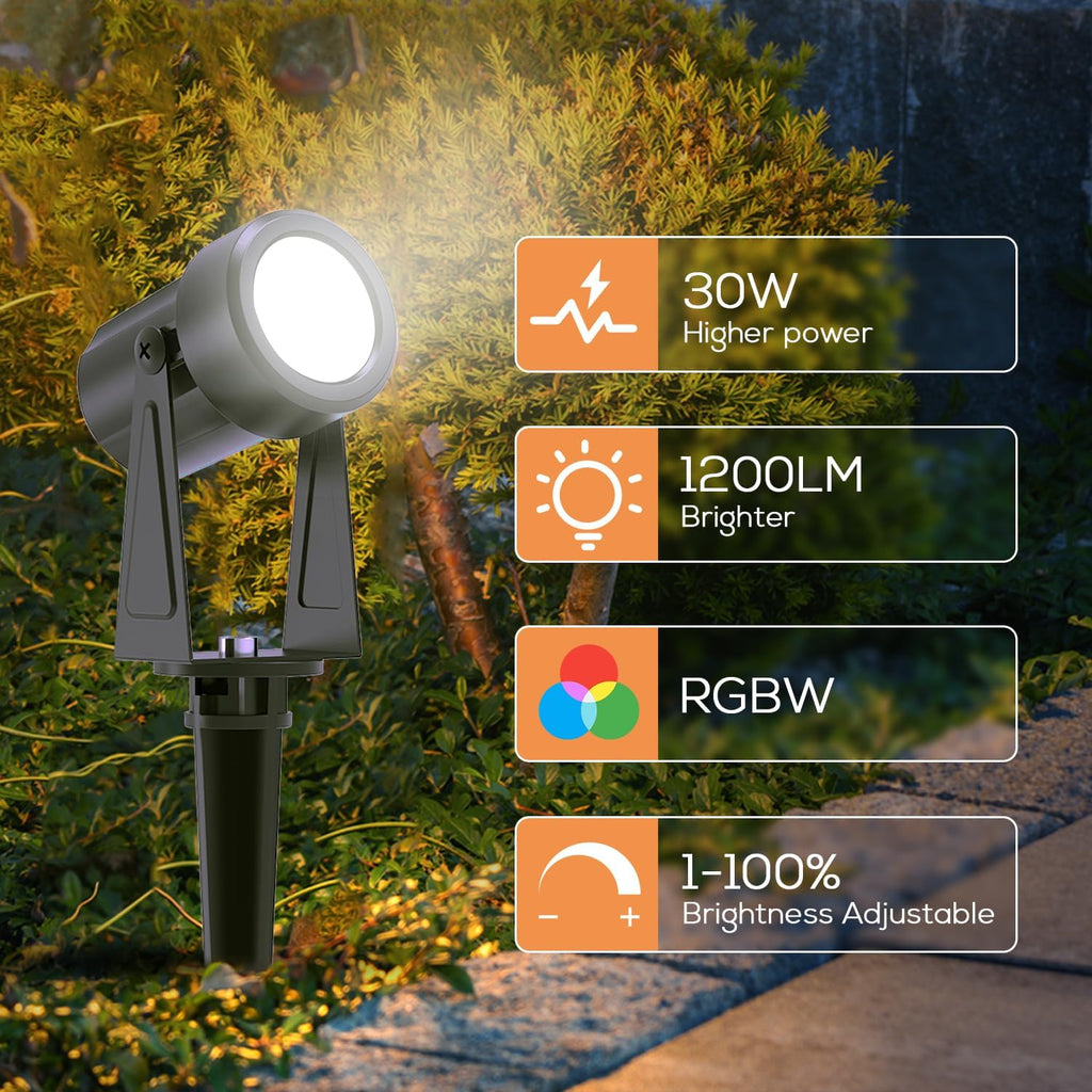 10 Pack Outdoor RGBW Landscape Lights, Color Changing Spot Uplights | Dusk to Dawn Sensor Controller with Remote