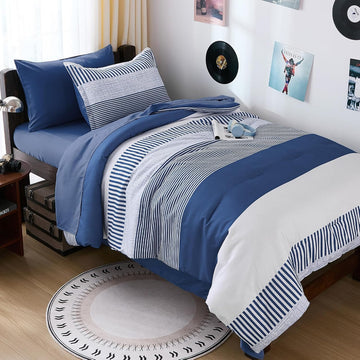 Comforter Navy Blue Striped Comforters for Boys&Girls,5 Pieces Bed in A Bag Simple Neutral-Style Bedding Sets