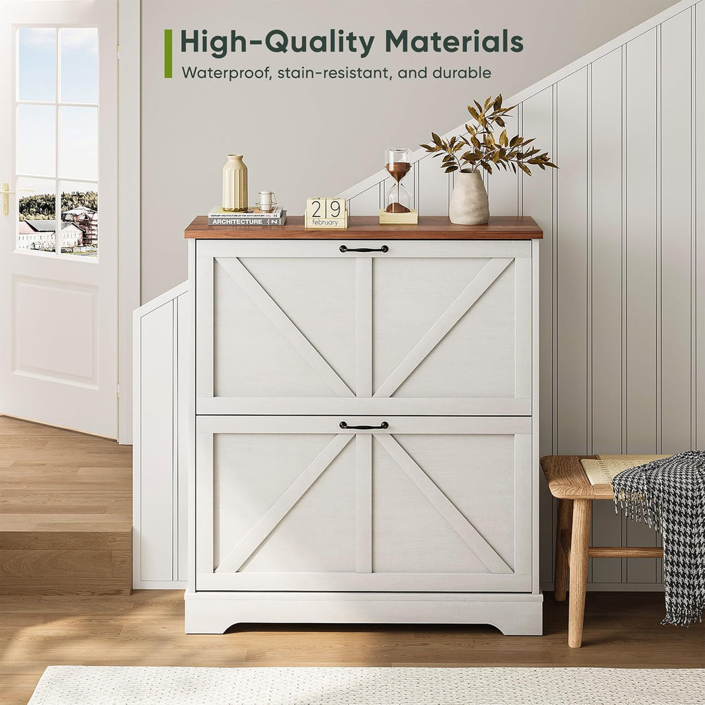 Shoe Cabinet, Shoe Storage Cabinet with 2 Flip Drawers, Narrow Farmhouse Shoe Organizer Cabinet, Slim Shoe Rack