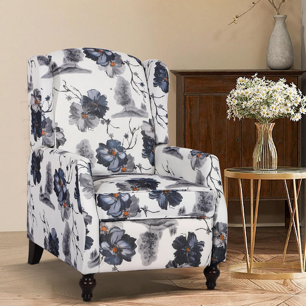 Upholstered Wingback Recliner Chair, Mid Century Modern Manual Push Back Recliner (1, Blue Floral)