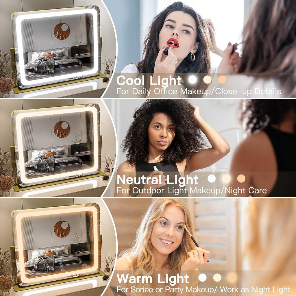 Gold Vanity Mirror with Lights 22"x19", LED Lighted Makeup Mirror, Large Makeup Mirror, Make up Mirror with Lighting