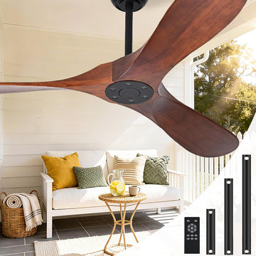 Inspired Maverick Style Solid Wood Ceiling Fan Without Light, 52 inch Walnut Ceiling Fan with 3 Wood Blades 6 Speeds Smart Timing Reversible DC Motor, Modern Ceiling Fans for Indoor Outdoor Farmhouse/Patios - Dark Walnut