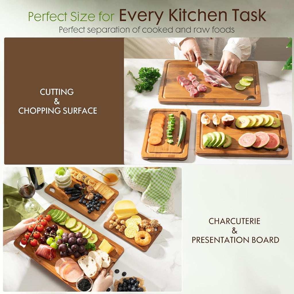 Deep-Carbonized Bamboo Cutting Boards with Wood Storage Stand, Reversible Charcuterie & Chopping Boards with Juice