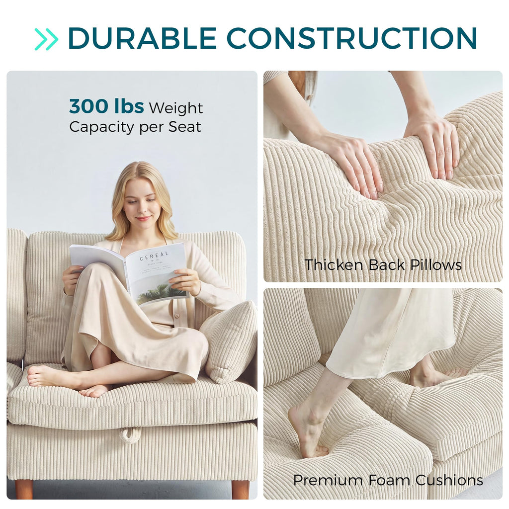 Cloud Couch 4-Seat Modular Sectional Sofa with Storage, Corduroy Deep Seat Cloud Sofa with Side Pocket & Cup Holder &
