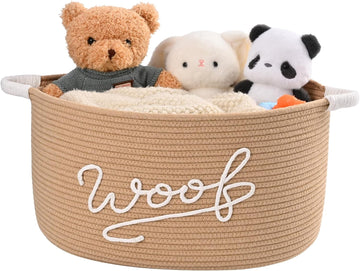 Woof Dog Toy Basket, Large Dog Toy Storage Bin with Durable Handles, Woven Dog Basket for Blankets, Toys, Chews, Pet