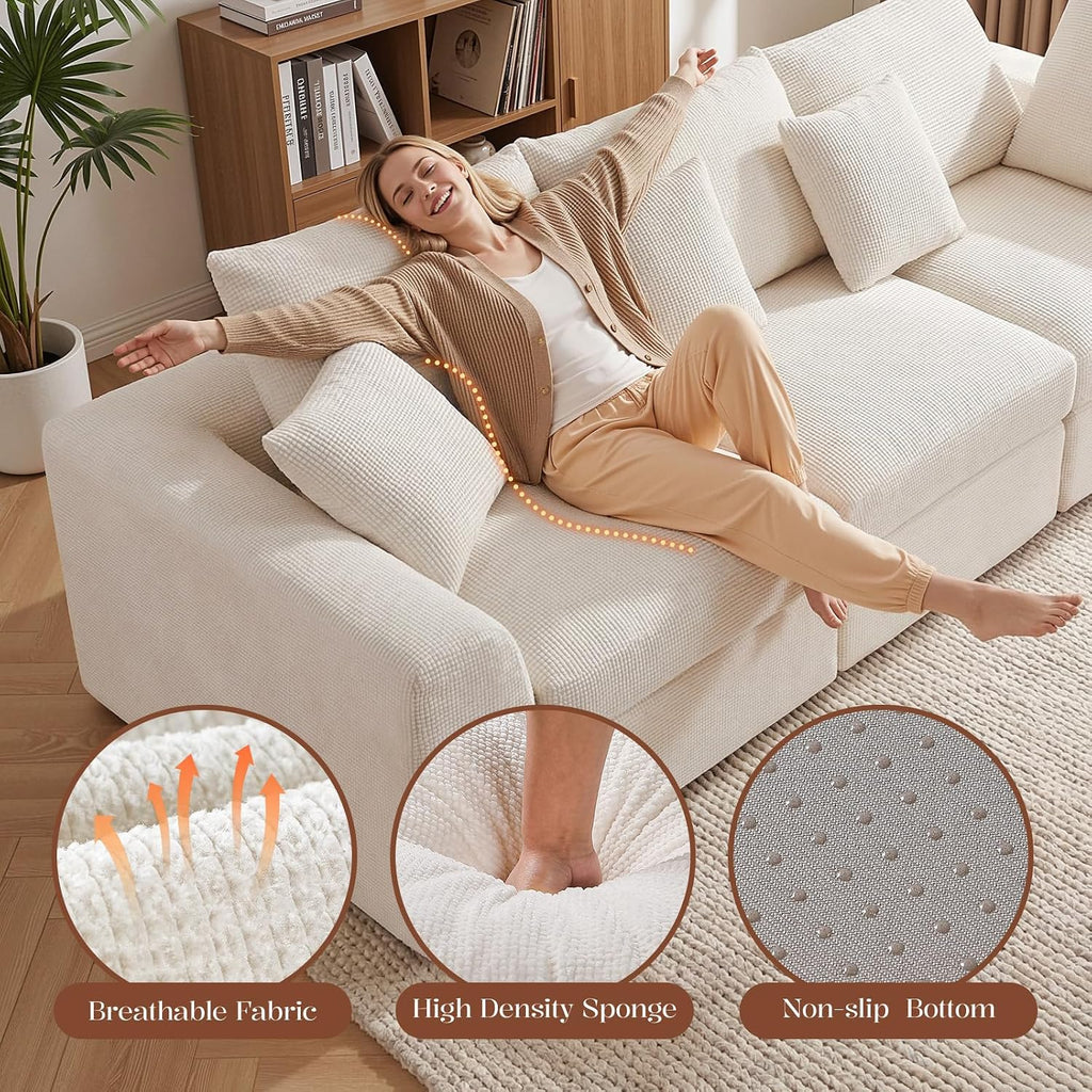 110" Cloud Sectional Couches , L-Shaped Convertible Sofa, 3-Seat Modular Boneless Couch with Movable Ottoman, Beige