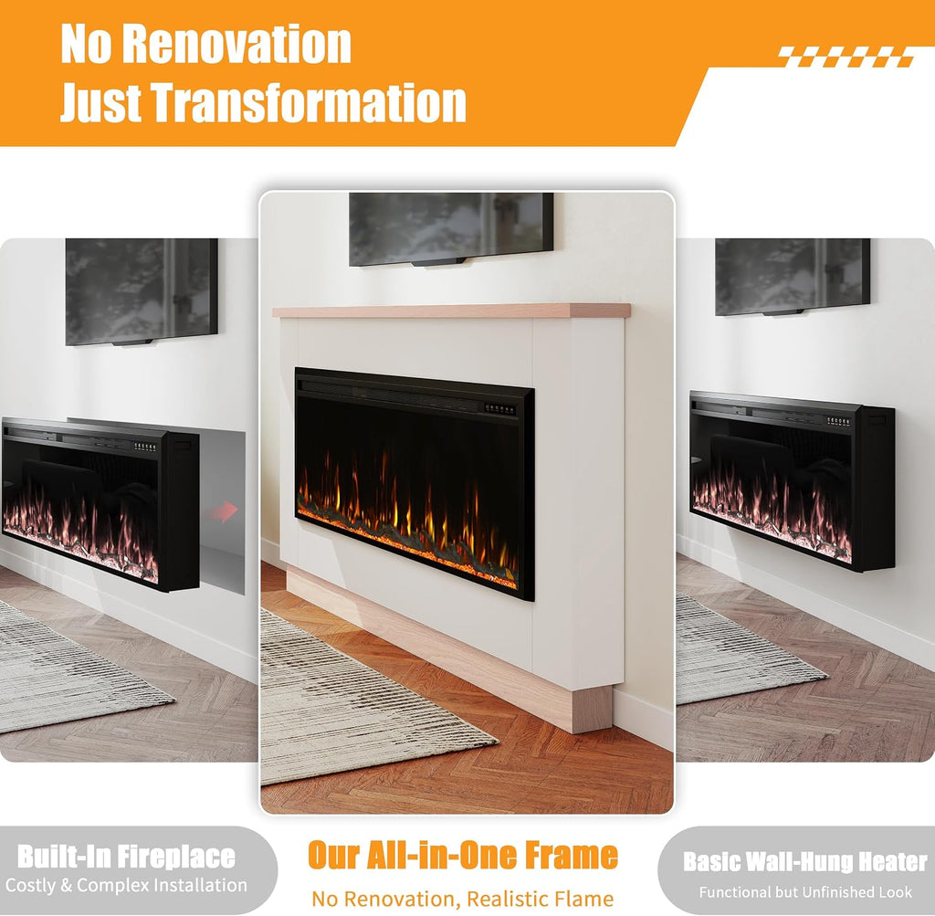70" Electric Fireplace with Mantel for 60" Insert, Ultra-Thin 5.5" Surround, 750/1500W Heater with 12 Flame Effects