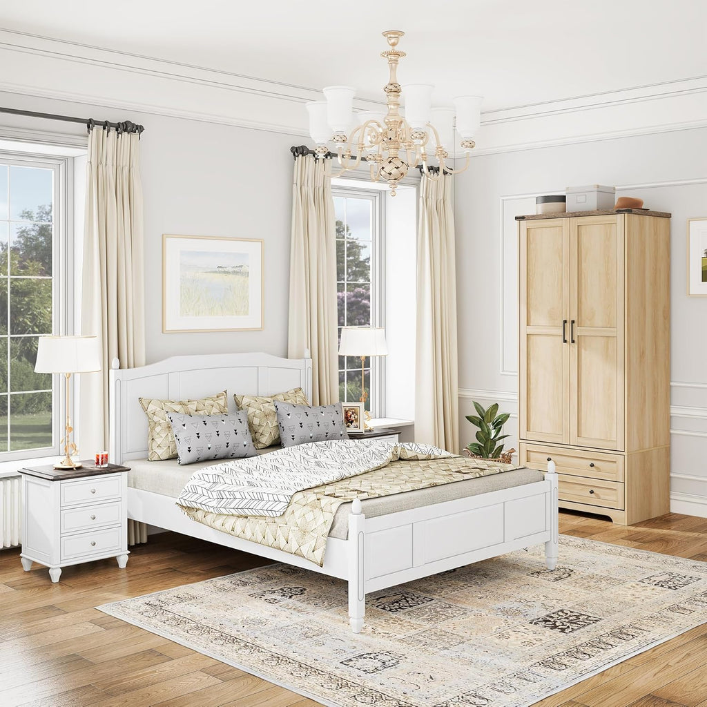 Wooden Armoire Wardrobe Closet with Drawers, Natural, Set of 2 | 4 Modern Doors, Freestanding, with 4 Drawers and