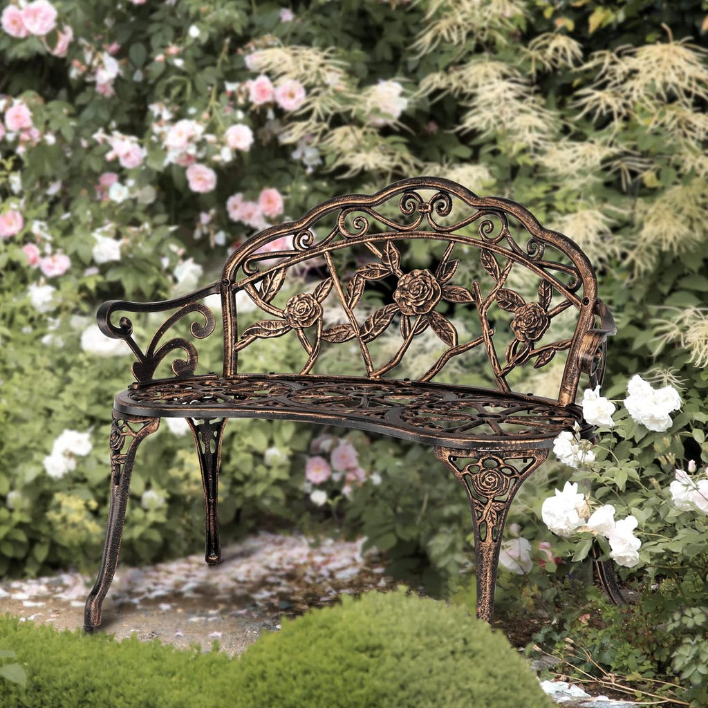 38.5" Patio Park Garden Outdoor Metal Rose Bench, 2-Person Cast Iron Cast Aluminium Frame Antique Finish