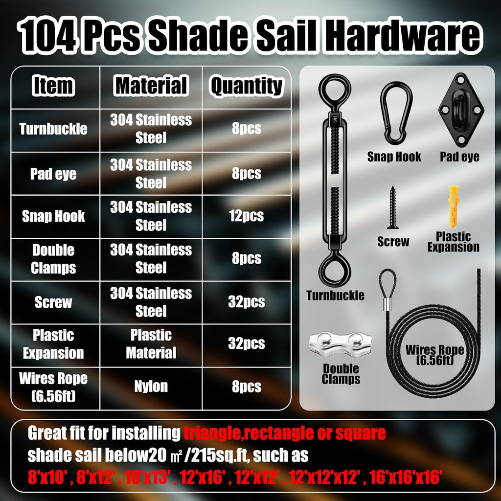 Sun Shade Sail Hardware Kit,Black,Classic Style | Sails Installation Kits, 304 Stainless Steel Accessories Set