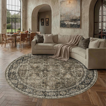 Brown Round Area Rug 8ft Washable 8x8 Circle Vintage Low Pile Indoor Large Kitchen Living Room Carpe