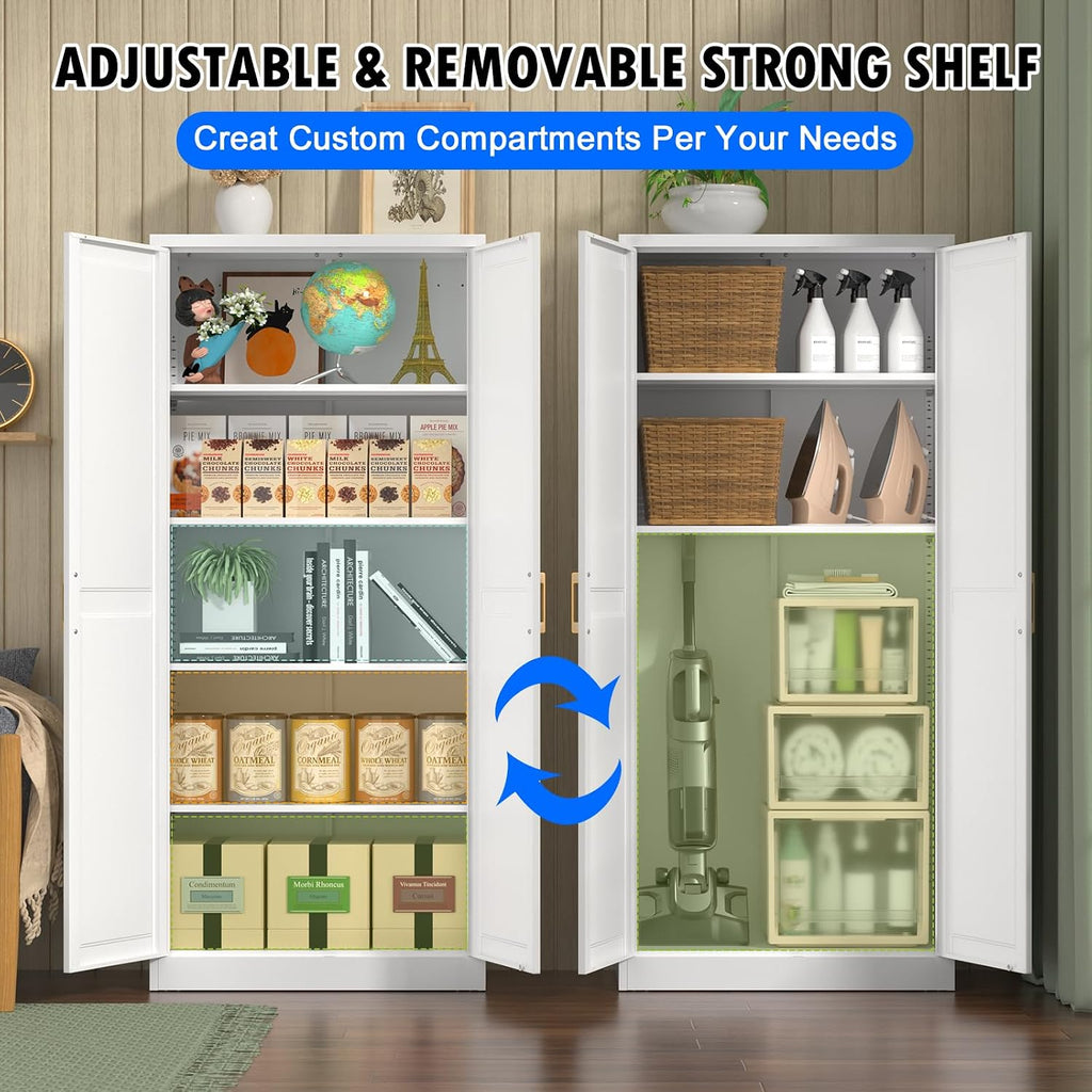 71" White Metal Kitchen Pantry Storage Cabinet with Doors and Shelves | Tall Freestanding Cupboard, 5-Tier Heavy