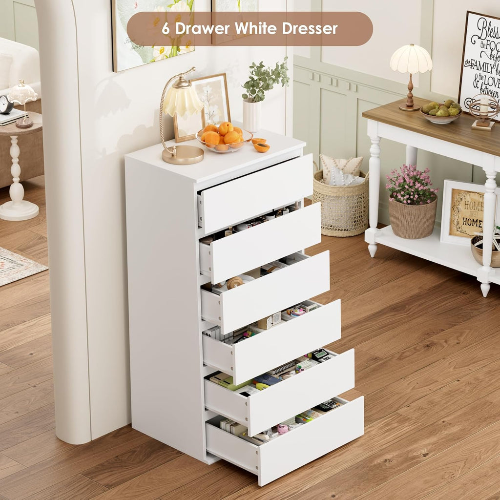 White Dresser, 6 Drawer Dresser, Modern Tall Floor Storage Cabinet with Metal Sliding Rail, Wooden Handleless Drawer