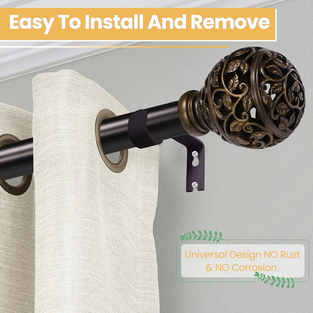 Curtain Rods For Windows, 1 Inch Heavy-Duty Adjustable Decorative Curtain Rods With Branches Leaves