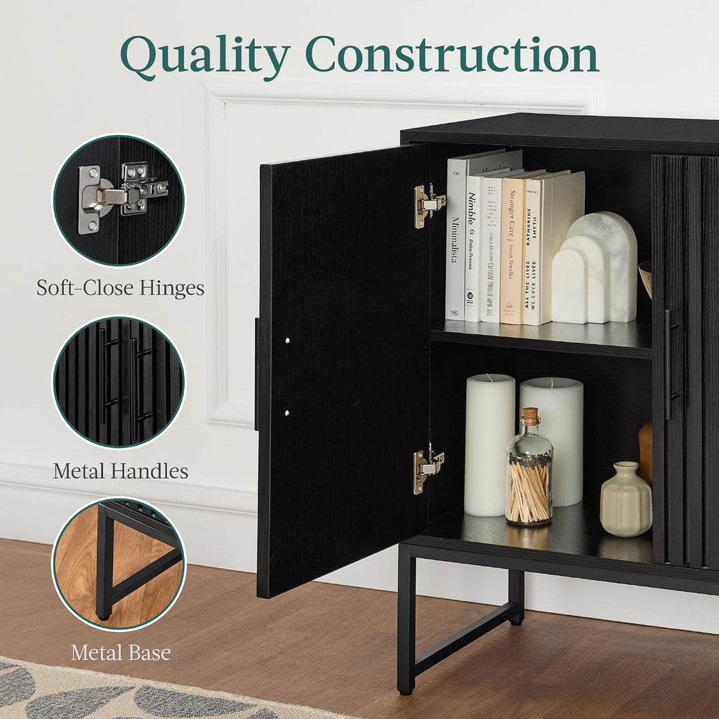 Slatted Sideboard Buffet Cabinet, Entryway Table, Accent Storage Cabinet, Console Table - Black