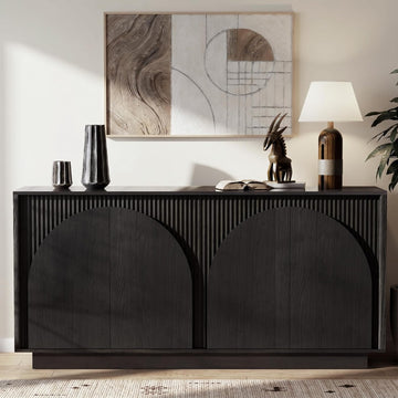 65.35" Fluted Sideboard Buffet Cabinet with Arched Doors Black | Mid Century Modern Accent Cabinet with Arched Doors