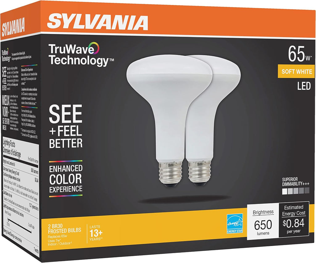 LED TruWave Natural Series BR30 Light Bulb, 65W Equivalent Efficient 7W, Medium Base, Dimmable, 650 Lumens, Frosted (2 Pack)