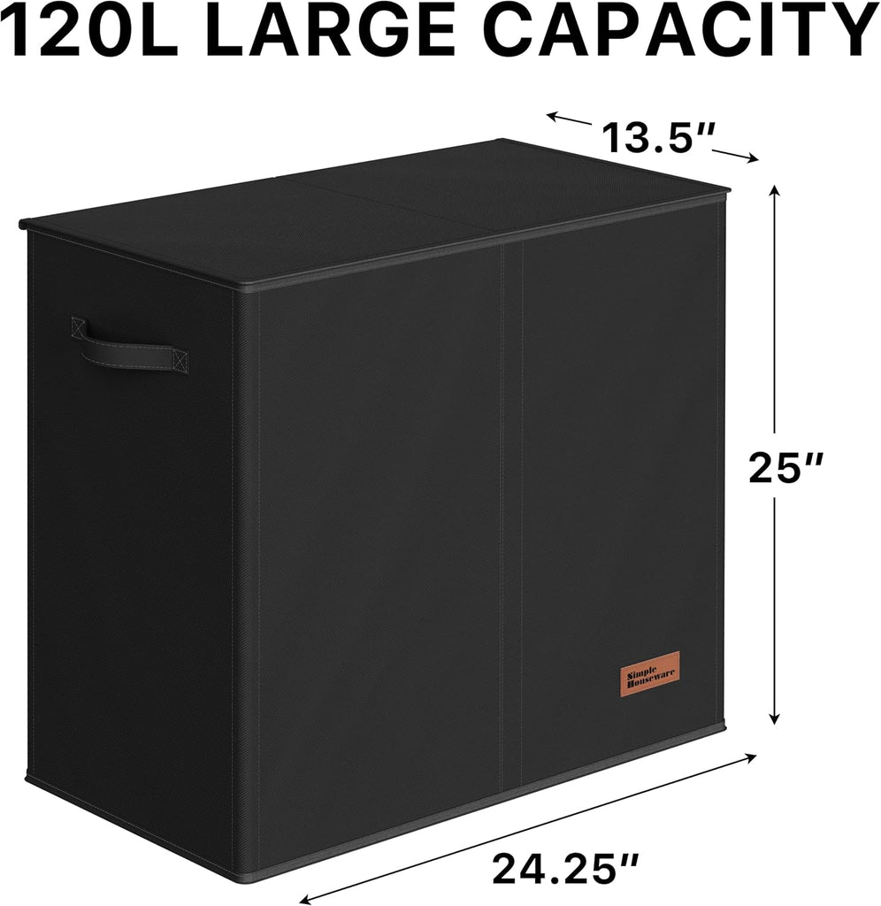 Double Laundry Hamper with Lid & Removable Bags, Black | Heavy Duty 600D Polyester, Water-Resistant Surface
