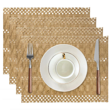 Burlap Placemats Set of 4, 12x18 Inch Natural Cotton Jute and Kitchen Woven Placemats with Tassels for Dining Table