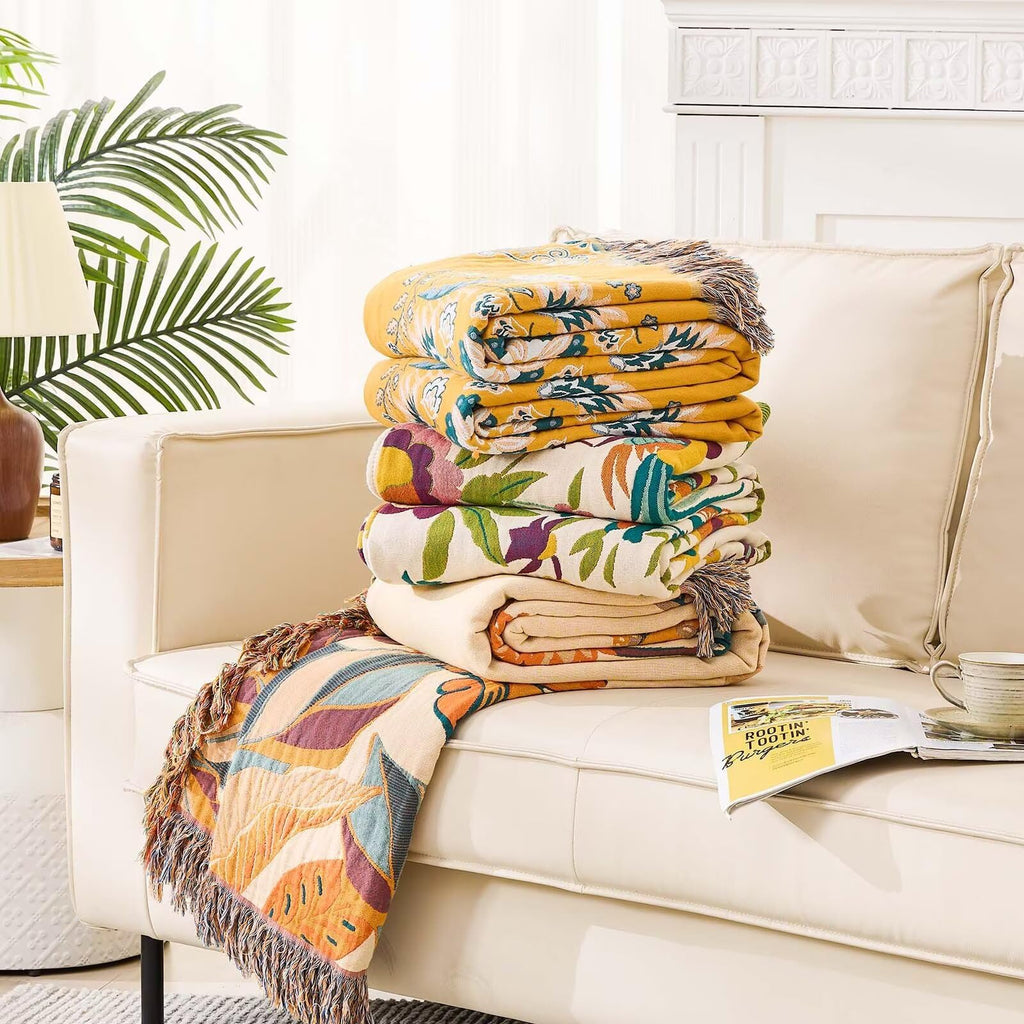 Boho Throw Blanket for Bed, 100% Cotton Soft Rustic Quilt Fall Blanket, 50"x60" Colorful Floral Printed Farmhouse
