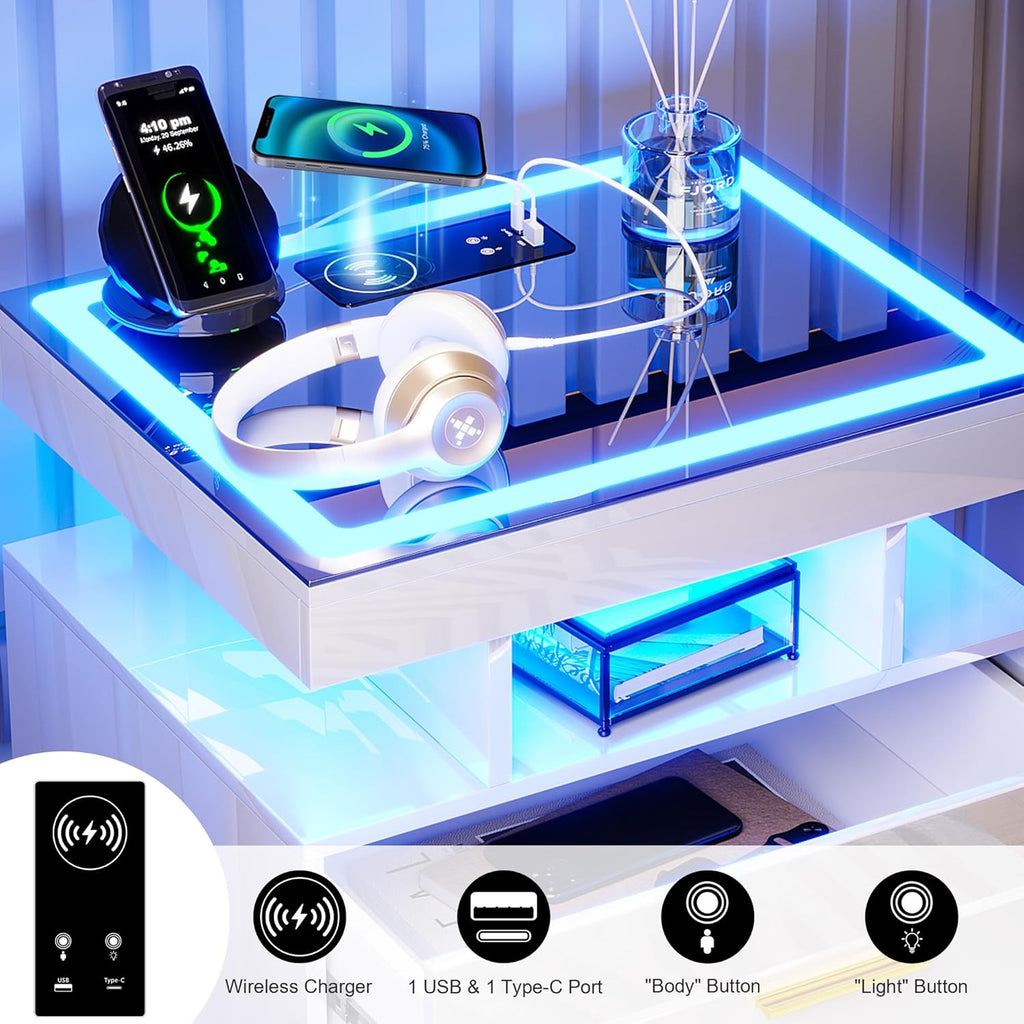 LED Nightstand with Charging Station (USB,Type-C Ports) High Gloss Bedside Table with 2 Drawers, Smart Night Stand
