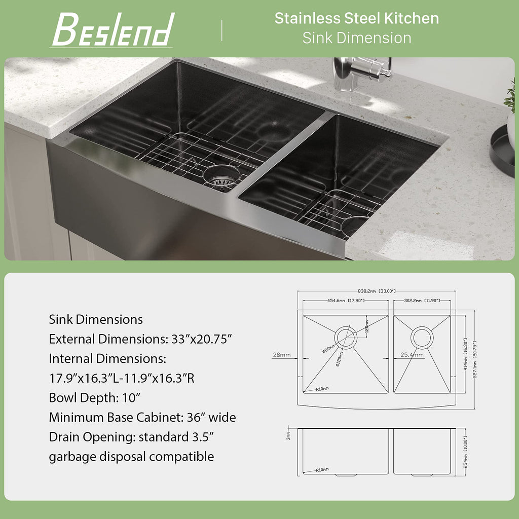 33 Inch Gunmetal Black Double Bowl Farmhouse Kitchen Sink