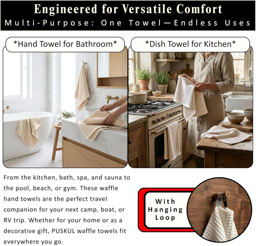 Natural 100% Turkish Cotton Waffle Kitchen and Hand Towels, 3-Piece | Raw-Undyed 32x16" Large Soft Absorbent