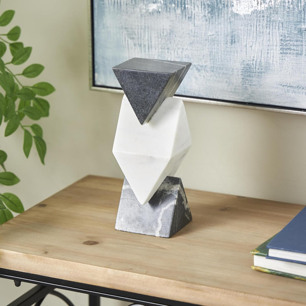 79 Marble Geometric Decorative Sculpture Stacked Pyramid Home Decor Statue with White Diamond Center, Accent Figurine