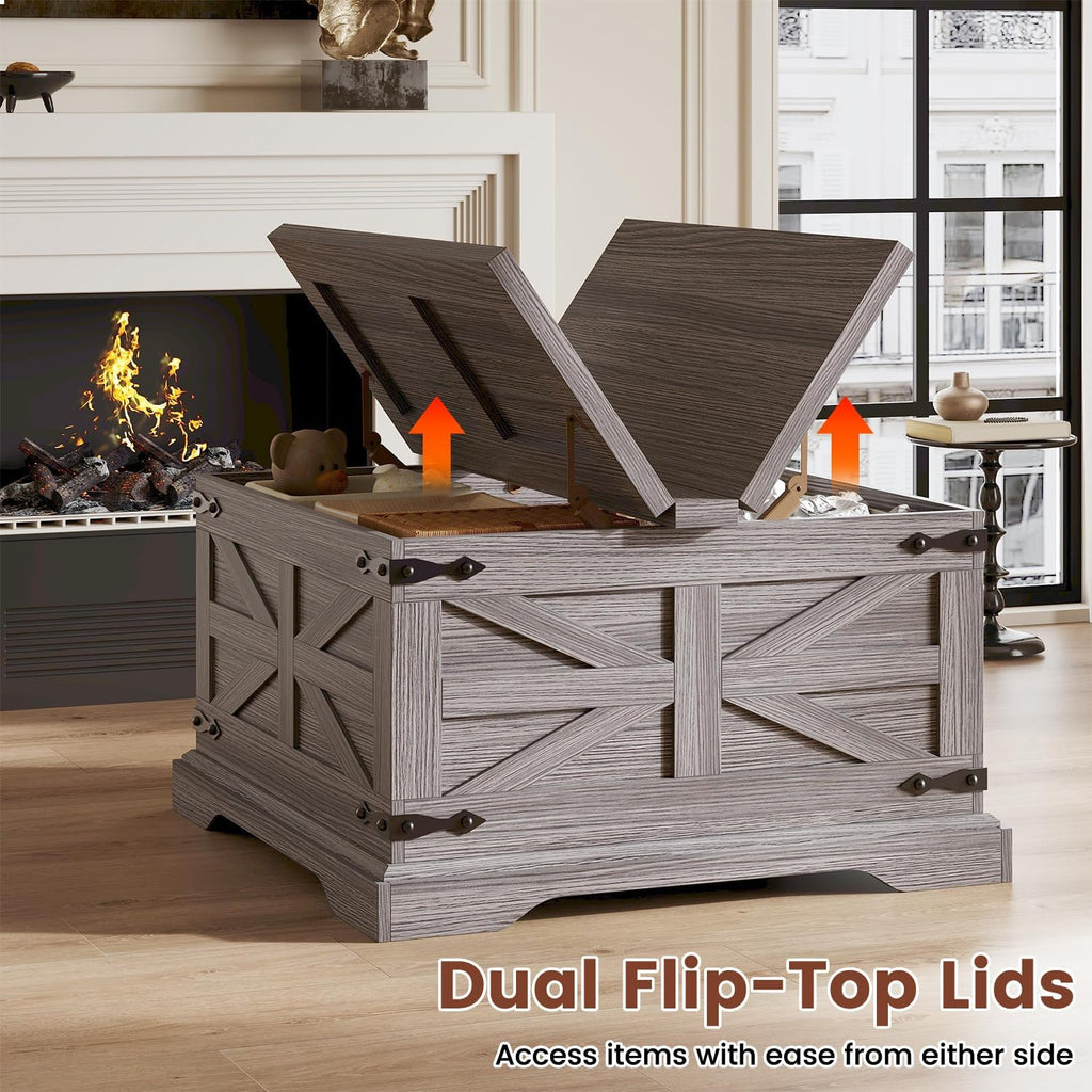 Farmhouse Coffee Table with Storage, Square Center Table, Rustic, Hinged Lift Top Soft Close, Wood