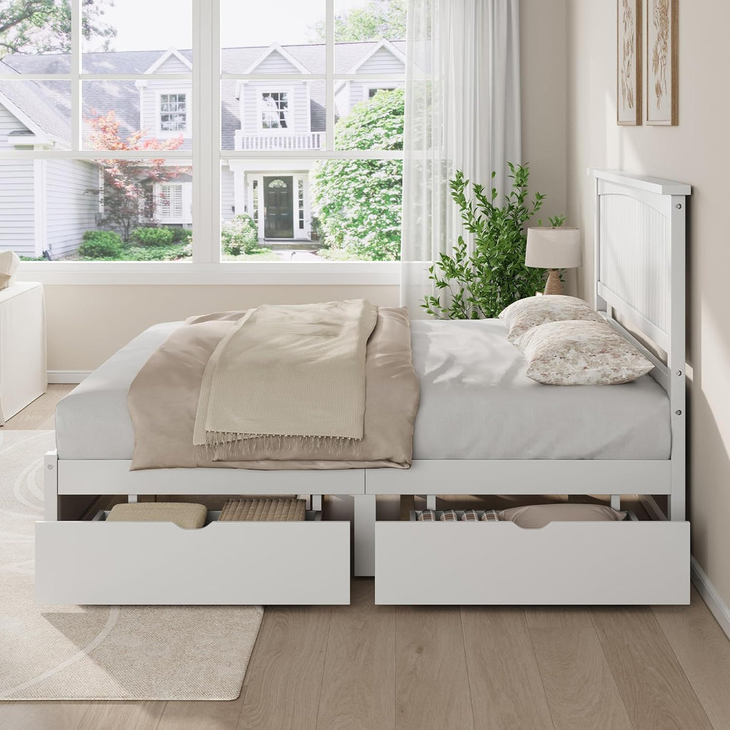 Solid Wood Full Storage Bed Frame with Headboard, Platform Bedframe with 2 Storage Drawers, Beadboard Design & Wooden