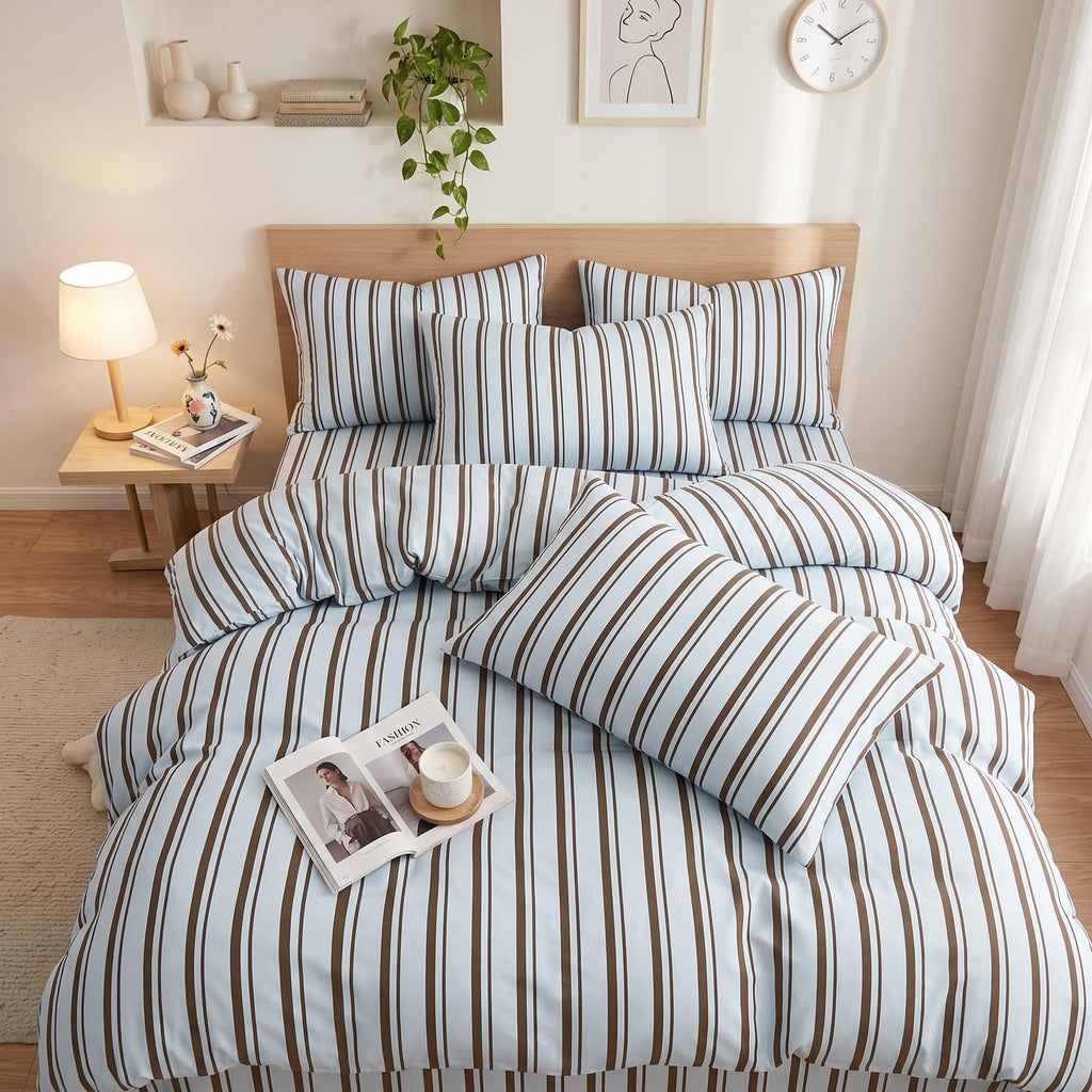 Blue Brown Striped Duvet Cover Set Queen Modern Farmhouse Bedding
