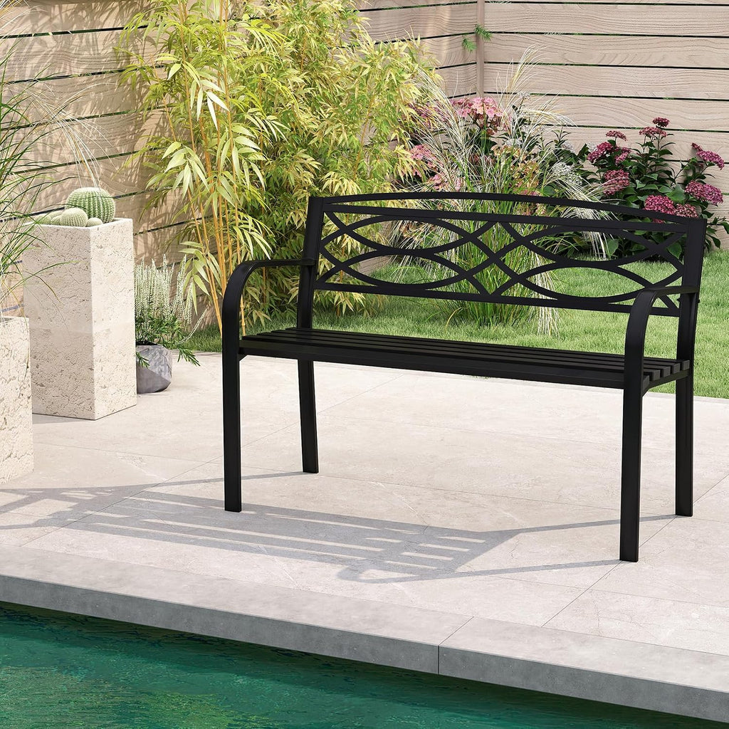 Outdoor Metal Garden Park Bench, Heavy-Duty Metal Slatted Loveseat for 2 People with Curved Armrests & Backrest