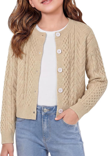 Long Sleeve Chunky Cable Knit Cardigan for Girls Button Front Uniform School Sweater