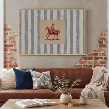 Large Framed Western Cowboy Wall Art , Vintage Farmhouse Horse Canvas Prints Paintings, Blue Striped Country Picture