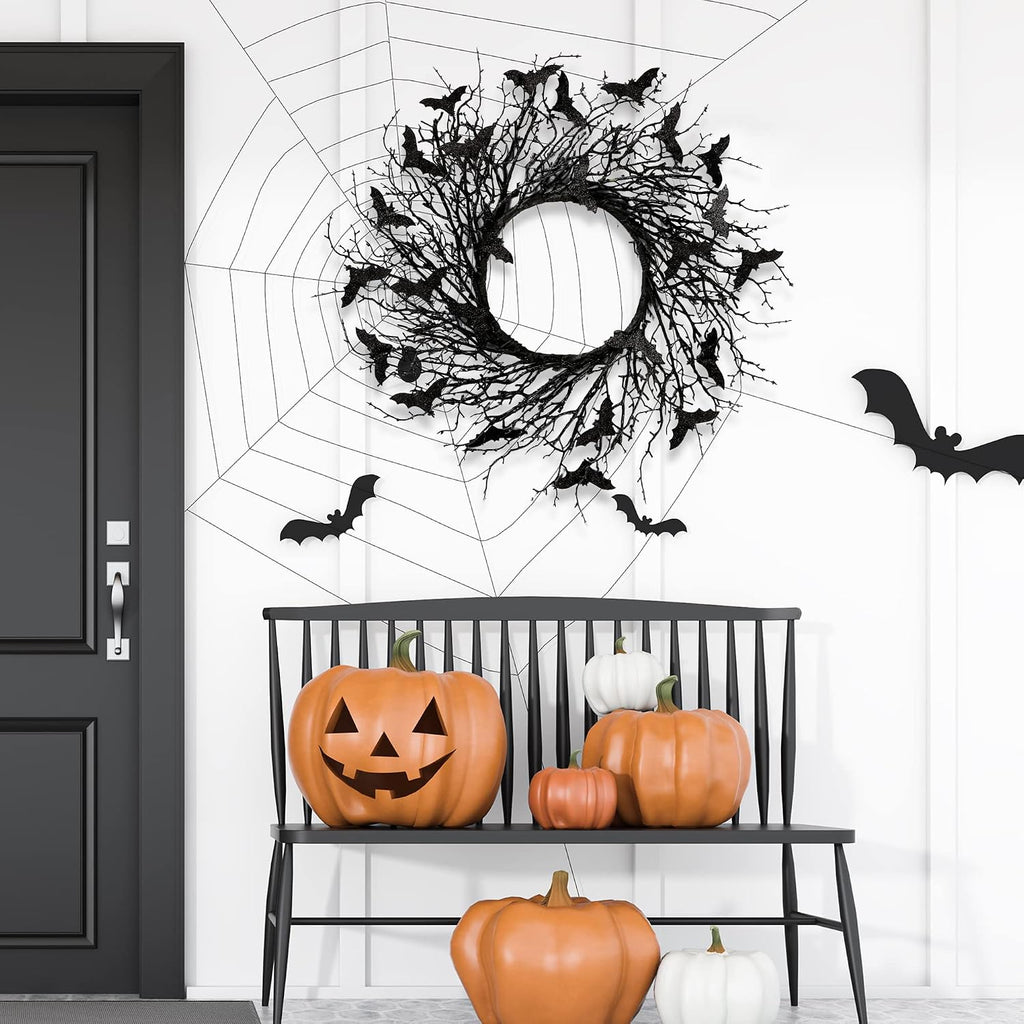 17.7"Artificial Black Twig Wreath with Glitter Bats - Handmade Sparkling Hanging Decorations for Front Door